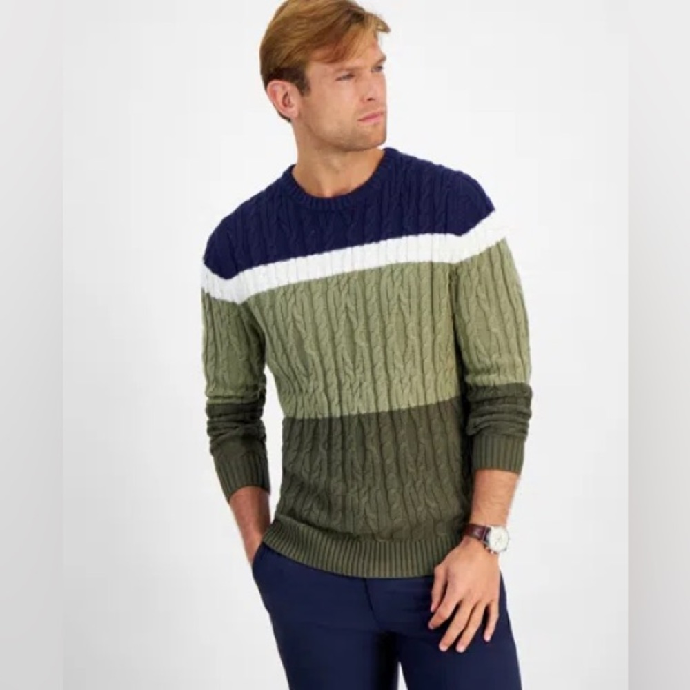 Club Room Mens XL Cable Knit Sweater Colorblock Navy Green‎ White Crew Cotton